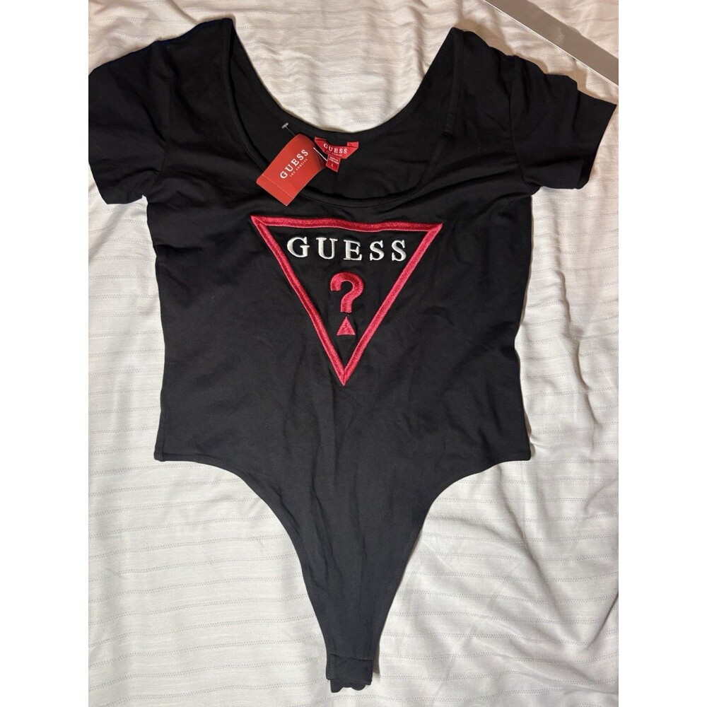 GUESS Pink Triangle Logo Short Sleeve Bodysuit Black/Pink Solid Women Size Large